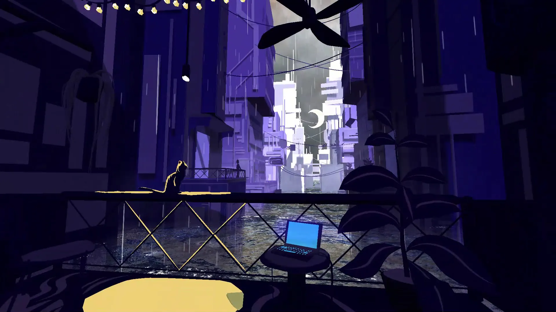 A night balcony in the rain. A laptop glows on a side table under string lights, a cat sits on the railing, and across the canal one other person stands out on a far balcony.